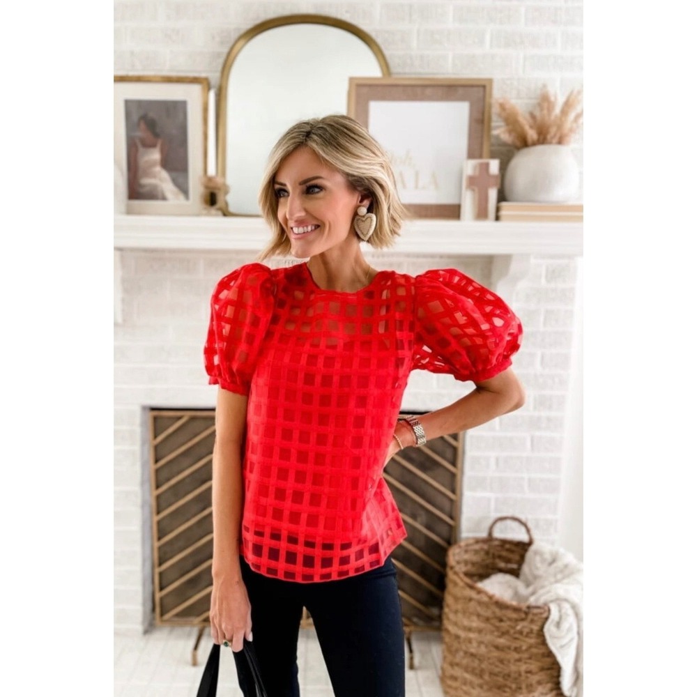 English Factory Red Puff Sleeve Checkered Sheer Blouse